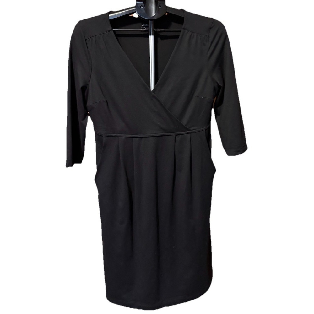 Eddie Bauer Womens‎ L Faux Wrap Dress Black Knit 3/4 Sleeve V-neck Stretch